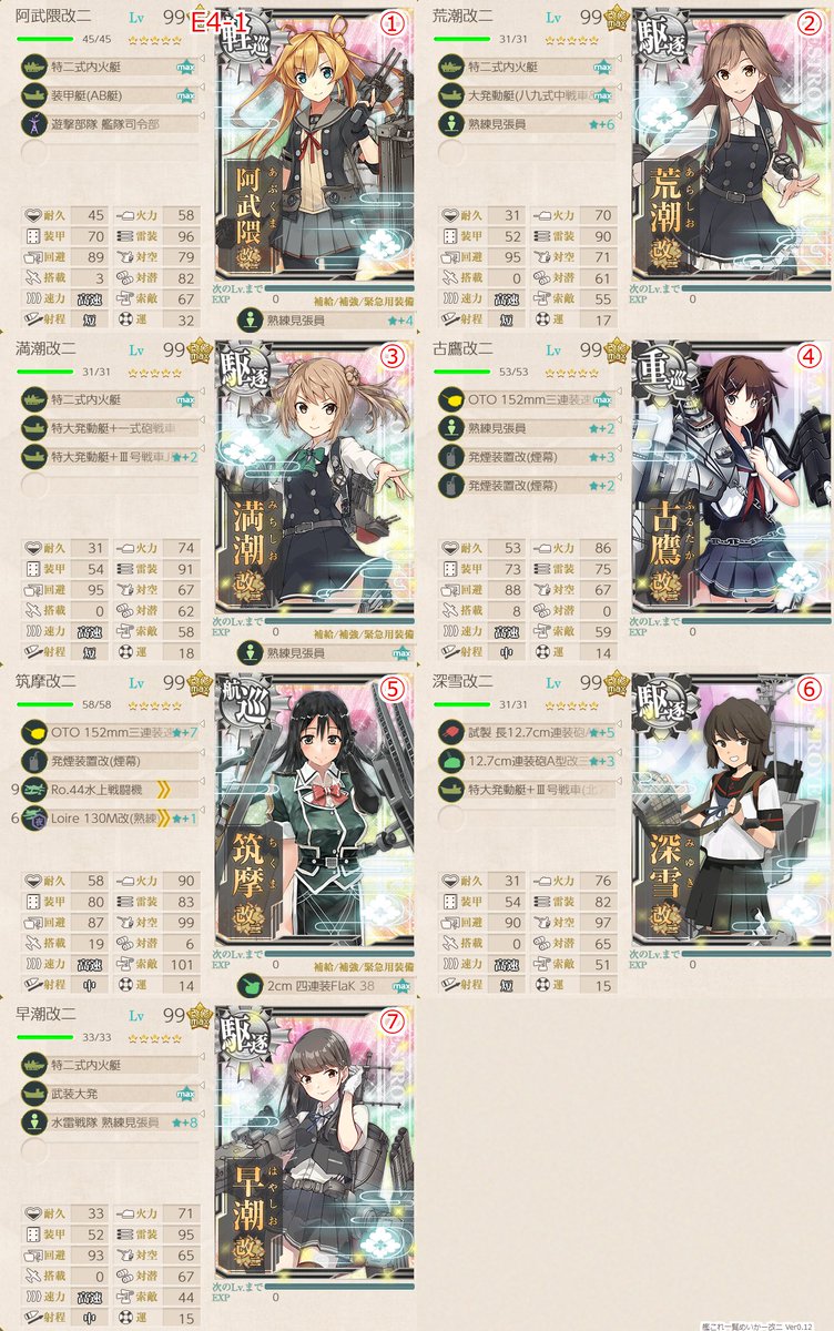 mrsm_it18's tweet photo. 2026夏イベE4-1甲 攻略編成✨
基地航空隊は出撃不可で、支援艦隊はラスダンで決戦支援を出しました
煙幕はボス前で使用。続けて出撃すると疲労が溜まりやすいので、その時は睦月や如月と交代しました（E4-2輸送で出撃予定）
ただし重巡級2↑じゃないと逸れるようなので注意です
#26夏イベ_いっとメモ https://t.co/x20qkesfu8