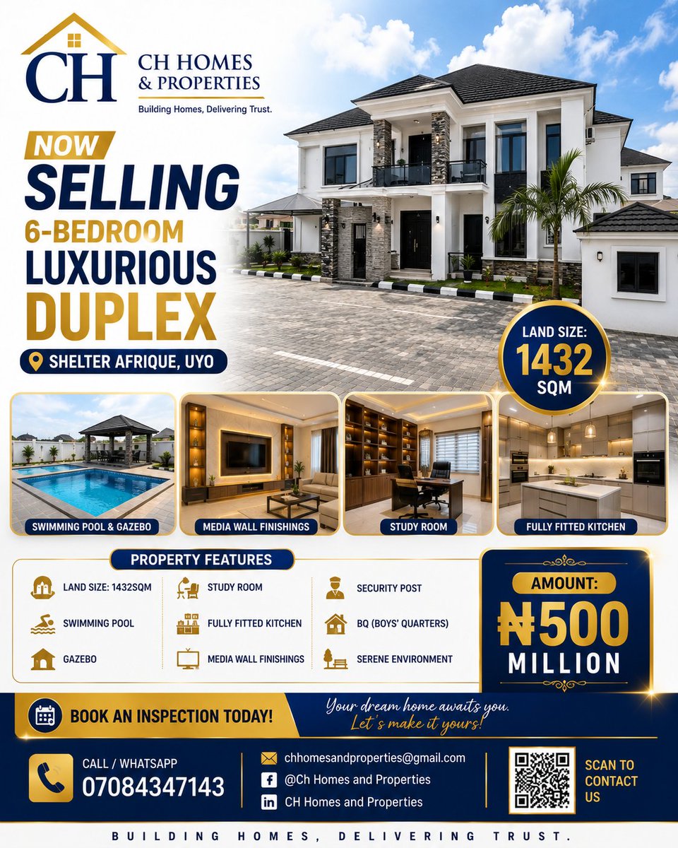 ChHomesPropNG's tweet photo. LUXURY LIVING AT ITS FINEST

Discover elegance comfort, and prestige in this stunning

 6BedroomDuplex located in the highly sought-after Shelter Afrique Estate,Uyo, Akwa Ibom State.

Asking Price: ₦500 Million

#CHHomesAndProperties   #AkwaIbomProperties  #PropertyInvestment https://t.co/K7gOlSUm9m