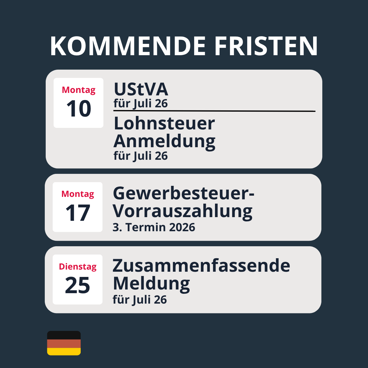 GetFreeFinance's tweet photo. Steuertermine im August 2026: Diese Fristen solltest du einplanen 📅

Der August ist vor allem in Österreich ein wichtiger Monat. Neben den laufenden Meldungen stehen auch wieder Vorauszahlungen an. 

Welche dieser Termine betrifft euch im August? https://t.co/yGLPy4VH7g
