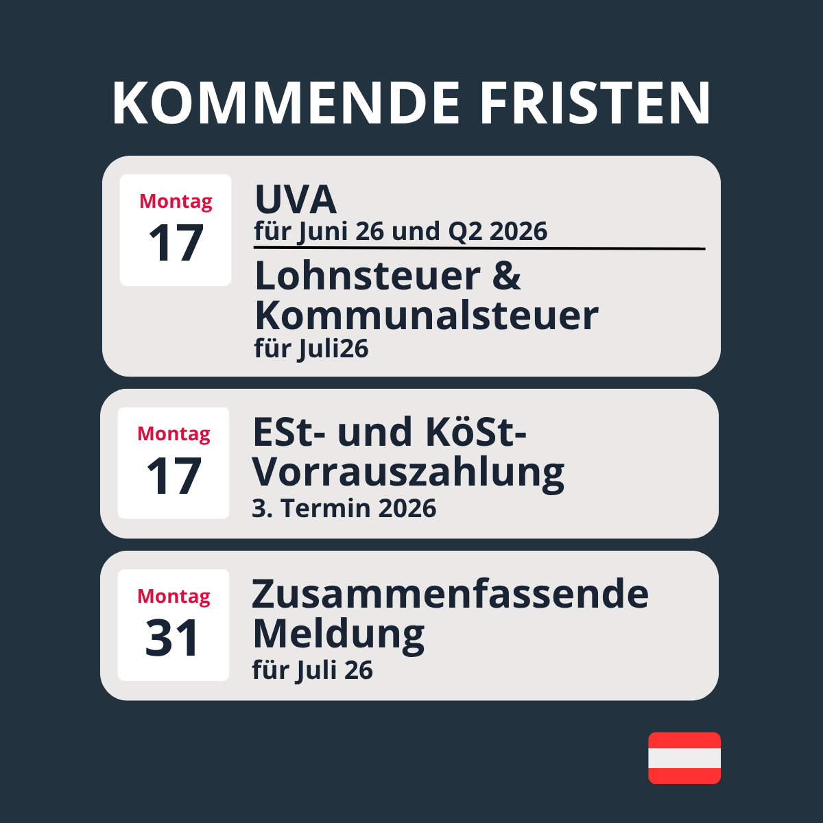 GetFreeFinance's tweet photo. Steuertermine im August 2026: Diese Fristen solltest du einplanen 📅

Der August ist vor allem in Österreich ein wichtiger Monat. Neben den laufenden Meldungen stehen auch wieder Vorauszahlungen an. 

Welche dieser Termine betrifft euch im August? https://t.co/yGLPy4VH7g