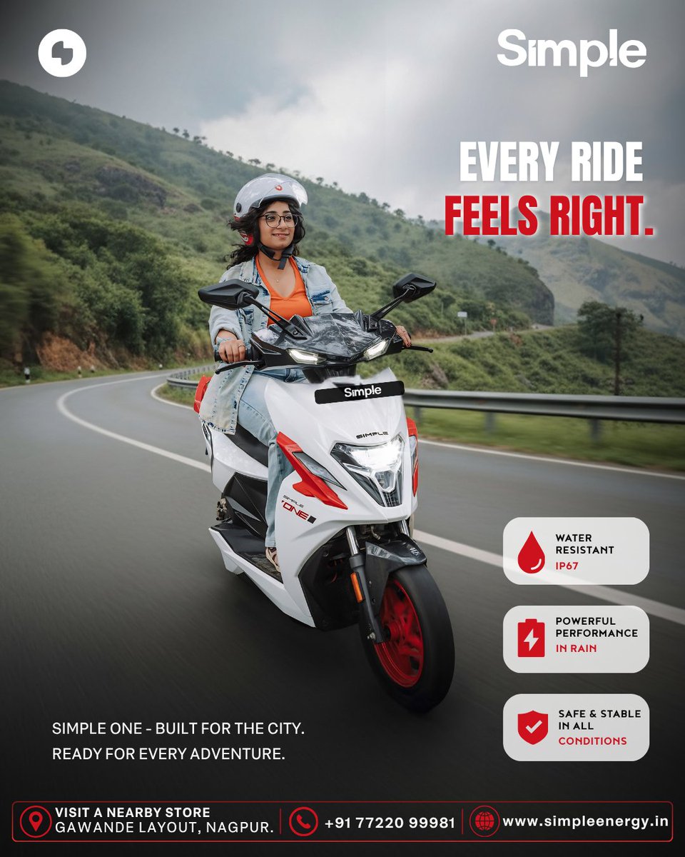 Simple_Nagpur's tweet photo. When life gets complicated, ride till it feels Simple again.⚡🛵

Some roads lead to destinations. Others lead to memories. 

📍Visit the Simple Energy Store, Gawande Layout, Nagpur
📞+91 77220 99981

Book your test ride today and feel the future.

#SimpleOne #Nagpur #BookNow https://t.co/TgaDndVWJz