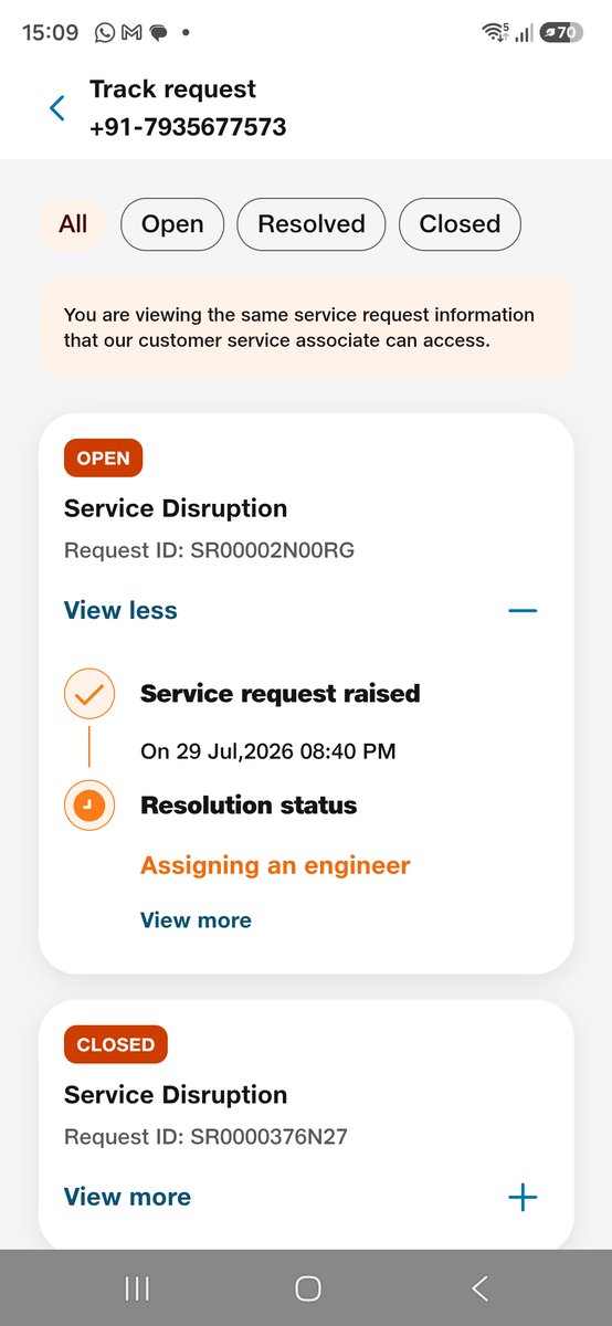 Mitindaware's tweet photo. @reliancejio @JioCare sharing my service request status for reference my prv experience they assign engg next day they again put in queue like pending to assign engg very smart jio team and management. This issue must be addressed of compensation of not working @consumer https://t.co/nPcnavNgHa