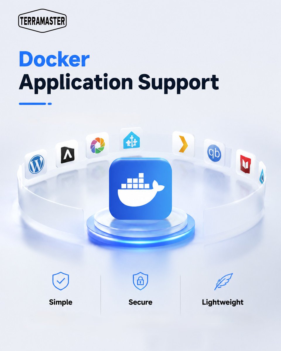 TerraMaster_'s tweet photo. Docker Application Support on TerraMaster TOS 7
✔ One-click deployment
✔ Secure container isolation
✔ Lightweight architecture
✔ Hundreds of community apps for backup, media, development, IoT, and more.
Simple. Secure. Lightweight.
#TerraMaster #TOS7 #Docker #HomeLab #NAS https://t.co/QYHSUmU5MT