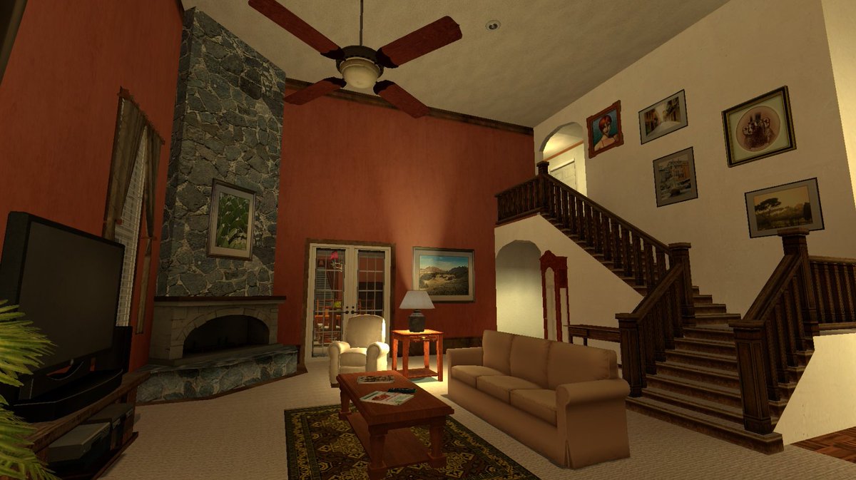 CeviSamy's tweet photo. Something I was working on before the "terrible awful". A remake of mu_aughts, expect its way more accurate to upper-middle-class life in the late 2000s. Set during the summer of 2009 in a mid sized McMansion built in the late 1990s. 

- Father probably works in real-estate or in accounting.
- Mother either stays at home or works a cushy office job (runs the HOA or PTA like the navy)
- Both kids are on their way out and probably into college or university (neither has worked a job and probably get a weekly allowance)
- Whole family is very well-off while not being classified as "elites" or part of the 1%. Could definitely be considered "rich". 

A good healthy upper-middle-class! 

I firmly believe rich people stopped having any sense of taste post 2010. Nowadays, interiors like these are ripped out and given the "dentist office" treatment.

White walls, grey "WoOdEn" tiled floors, no carpets whatsoever, more white light than a warehouse...Just grey and white...GREY AND WHITE. 

GOD I HATE IT SO FUCKING MUCH!