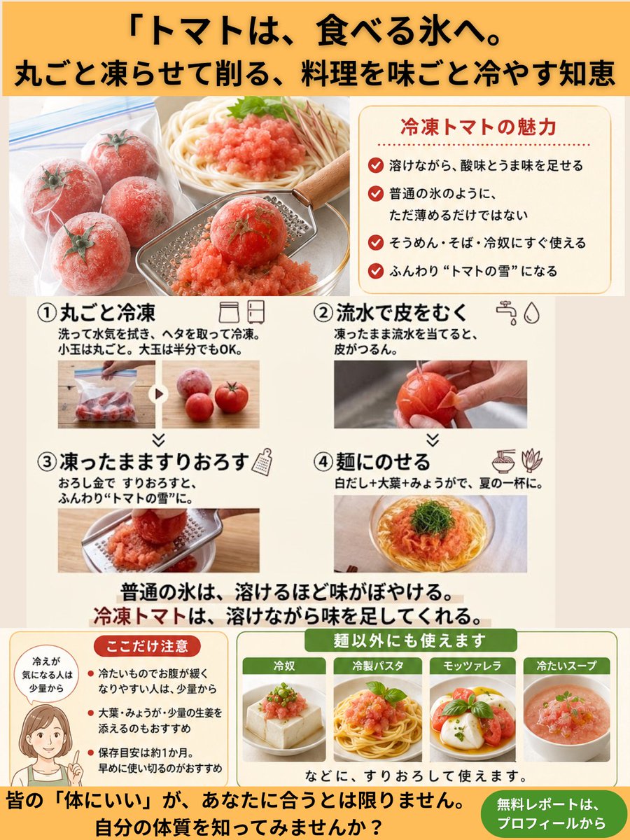 odaherbs's tweet photo. トマトは、丸ごと凍らせて。

凍ったトマトを
おろし金ですりおろすと、

夏の料理をおいしく冷やす
「味付き氷」になります。

普通の氷は、
溶けるほど料理の味を薄めます。

たとえば、そうめん。

最初は冷たくても、
氷が溶けるにつれて、
つゆの味がぼやけてしまう。

でも、
すりおろした冷凍トマトなら、
大丈夫。

溶けながら、

トマトの酸味
自然な甘み
そして、うま味

を料理に広げてくれます。

しかも、
かき氷のような
硬いジャリジャリ感ではありません。

ふんわり、さらり。

口の中でほどけるように溶ける
「トマトの雪」になります。

まず試してほしいのは、
白だしで食べる
そうめんや日本そばです。

冷凍トマトを
凍ったまますりおろして、麺にのせる。

白だしをかけ、
大葉とみょうがを添える。

トマトのうま味と、
白だしやかつお節のうま味が重なり、

冷たいだけではない、
だしのきいた夏の一杯に変わります。

作り方は簡単です。

①トマトを洗って水気を拭く
②ヘタを取って丸ごと冷凍する
③流水を当てて皮をむく
④凍ったまますりおろす

大玉で冷凍庫に入りにくい場合は、
半分に切って凍らせても大丈夫です。

ここでポイント。
種のまわりにある
ゼリー状の部分は、
取り除かないでください。

そこには、
トマトの酸味とうま味があります。

果肉も種もゼリー部分も、
凍ったまま一緒にすりおろす。

だから、
ただ冷たいだけではない
味付きの氷になるのです。

冷凍すると、
トマトの細胞の構造が崩れます。

生のような
張りのある食感にはなりませんが、
その変化が、料理を冷やす
「トマトの雪」に変えるのです。

そうめんやそばのほかにも、

冷奴
冷製パスタ
モッツァレラ
冷たいスープ

などに、
すりおろして使えます。

塩とオリーブ油を加えれば、
甘くない前菜シャーベットとして
そのまま食べても。

中医では、
トマトは体にこもった熱を冷ます
「涼性」の食材と考えられてきました。

そのトマトの「涼性」をさらに使い倒す。

ただし、
冷房で体が冷えている人や、

冷たいものを食べると
お腹が緩くなりやすい人は、
一度に食べすぎないこと。

大葉やみょうが、
少量の生姜を添えて、
様子を見ながら楽しんでください。

冷凍保存は、
約1か月を目安に早めに。

トマトを凍らせるのは、
長持ちさせるためだけではありません。

凍ったまますりおろし、
夏の料理を
酸味とうま味ごと冷やすためです。

次にトマトが余ったら、
傷む前に丸ごと冷凍庫へ。

冷たい麺にすりおろして使えるよう、
保存しておいてください。

PS
ハーブや家族を守る台所の知恵を
 これからも発信します、

フォローお願いします。