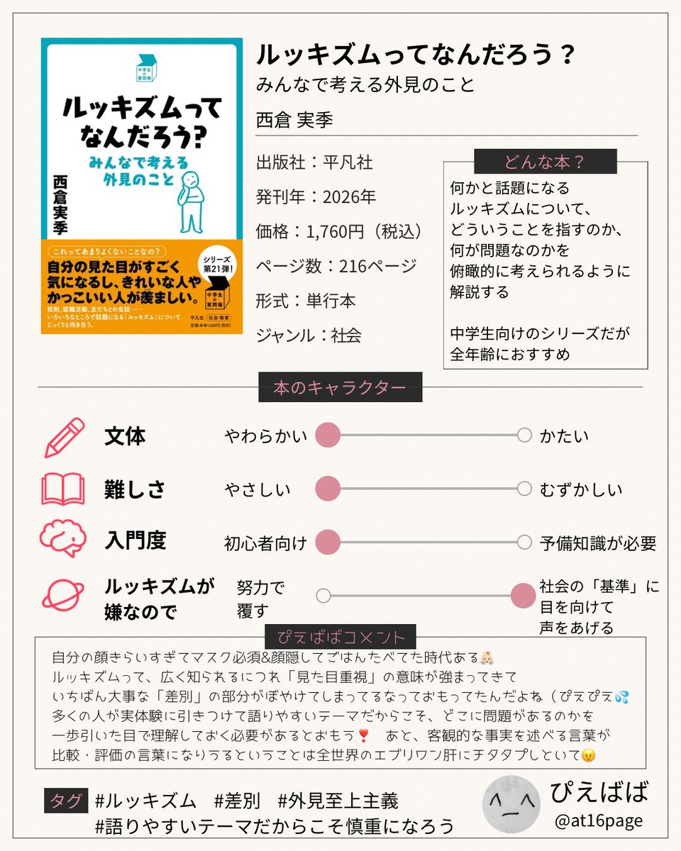 at16Page's tweet photo. ルッキズムは「顔整い/ブス」で判断してしまう見た目重視なところに問題があると思ってた。

でも一番問題なのは美醜の基準線を引いて人と比べたり扱いを変えたりすることだと理解できた🙂‍↕️

中学生向けのシリーズだけど全年齢におすすめです👊🏻

『ルッキズムってなんだろう？みんなで考える外見のこと』
西倉実季（平凡社）
#読了