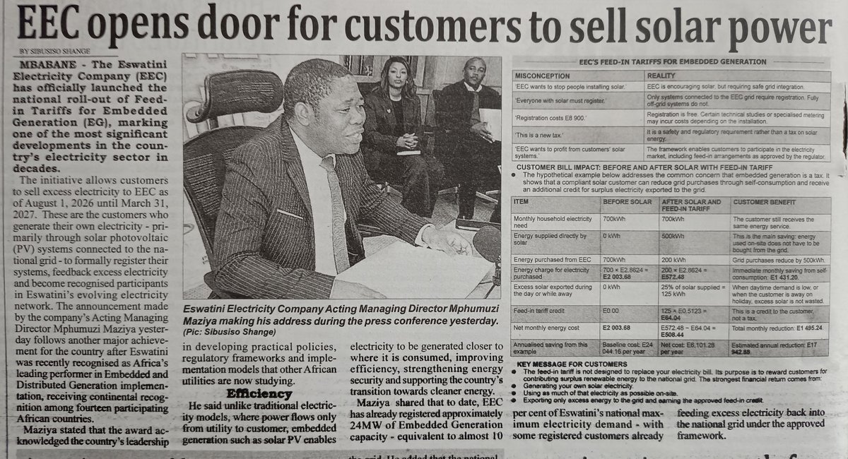 wrexbrown's tweet photo. The Times of Eswatini reports that @EecEswatini will introduce a E0.5123/kWh feed-in tariff for EEC grid tied compliant rooftop solar systems .. certainly a positive step forward that should further encourage domestic electricity generation .. https://t.co/KKmv0mYXnM