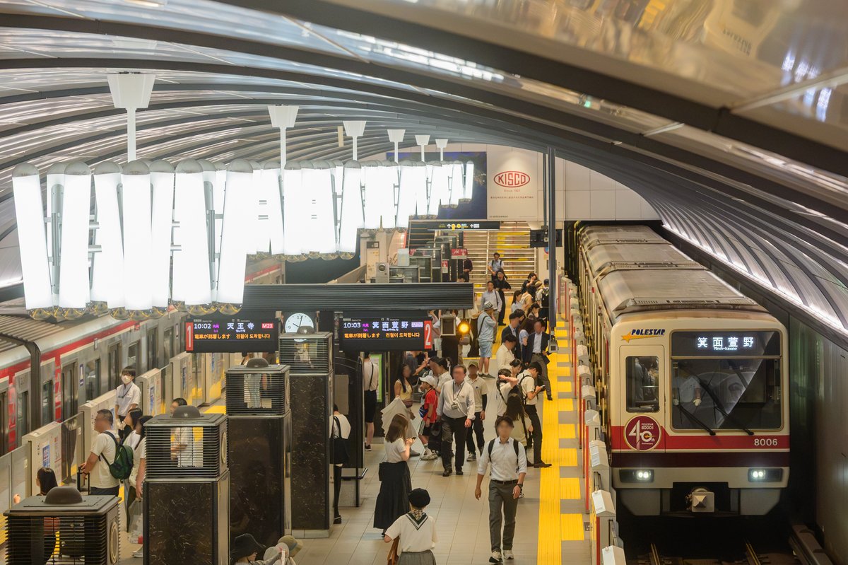 ZzHiro9n's tweet photo. Osaka Metro #淀屋橋駅、2025年「アーチ構造の象徴」をコンセプトにリニューアル

重厚なアーチ状の天井とレトロモダンなシャンデリア

この空間には #ポールスター がよく似合う（7/29撮影）

#大阪メトロ
#御堂筋線
#北急8000形 https://t.co/AvImJvAeYn