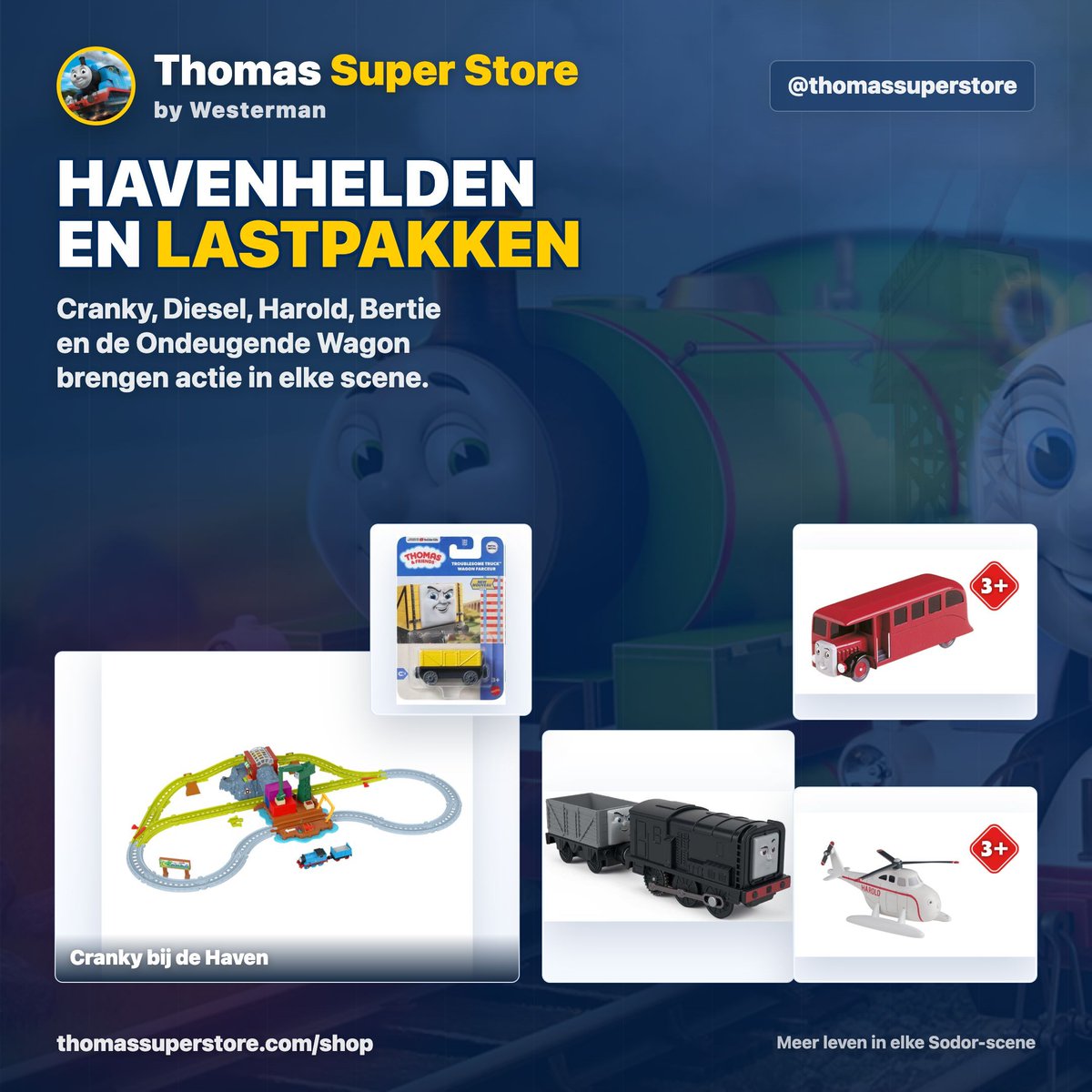 thomassuper02's tweet photo. Cranky, Diesel, Harold, Bertie en de Ondeugende Wagon brengen leven in elke Sodor-scene. Perfect om je eigen verhalen rond haven, rails en wegen te bouwen.

Shop Sodor-scene producten:
https://t.co/N6osox6Q8P

#ThomasAndFriends #ThomasSuperStore #Sodor #Cranky #Speelgoedtreinen https://t.co/M1W1gPoIr5