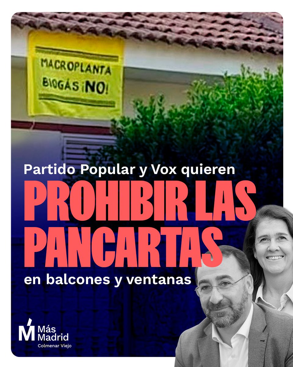 Mas_ColmenarV's tweet photo. ‼️Hoy el Partido Popular y Vox han aprobado, con el apoyo del PSOE, una norma que permite prohibir las pancartas en balcones y ventanas‼️

En Colmenar Viejo tenemos un gobierno autoritario que quiere silenciar las reivindicaciones vecinales y acabar con la libertad de expresión. https://t.co/tMvEirOL4O