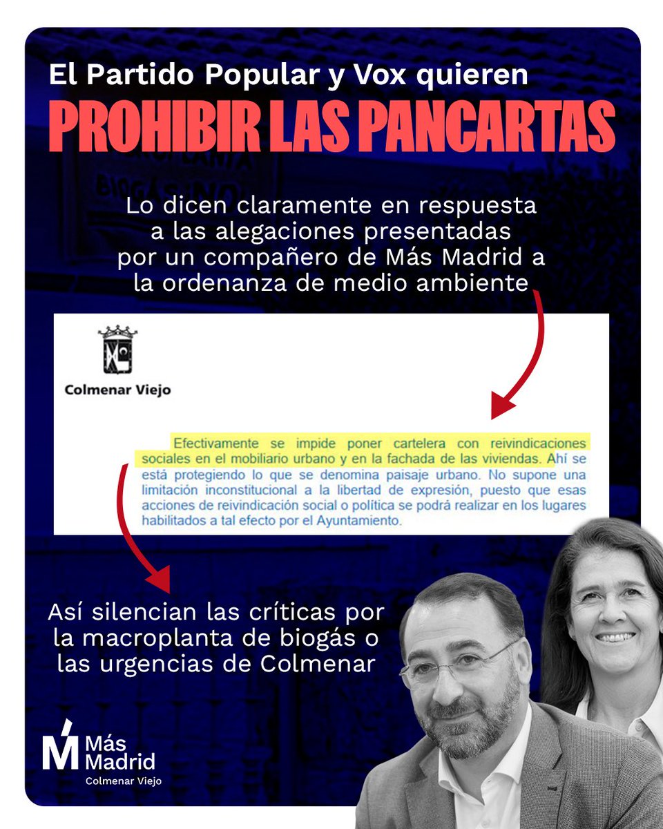 Mas_ColmenarV's tweet photo. ‼️Hoy el Partido Popular y Vox han aprobado, con el apoyo del PSOE, una norma que permite prohibir las pancartas en balcones y ventanas‼️

En Colmenar Viejo tenemos un gobierno autoritario que quiere silenciar las reivindicaciones vecinales y acabar con la libertad de expresión. https://t.co/tMvEirOL4O