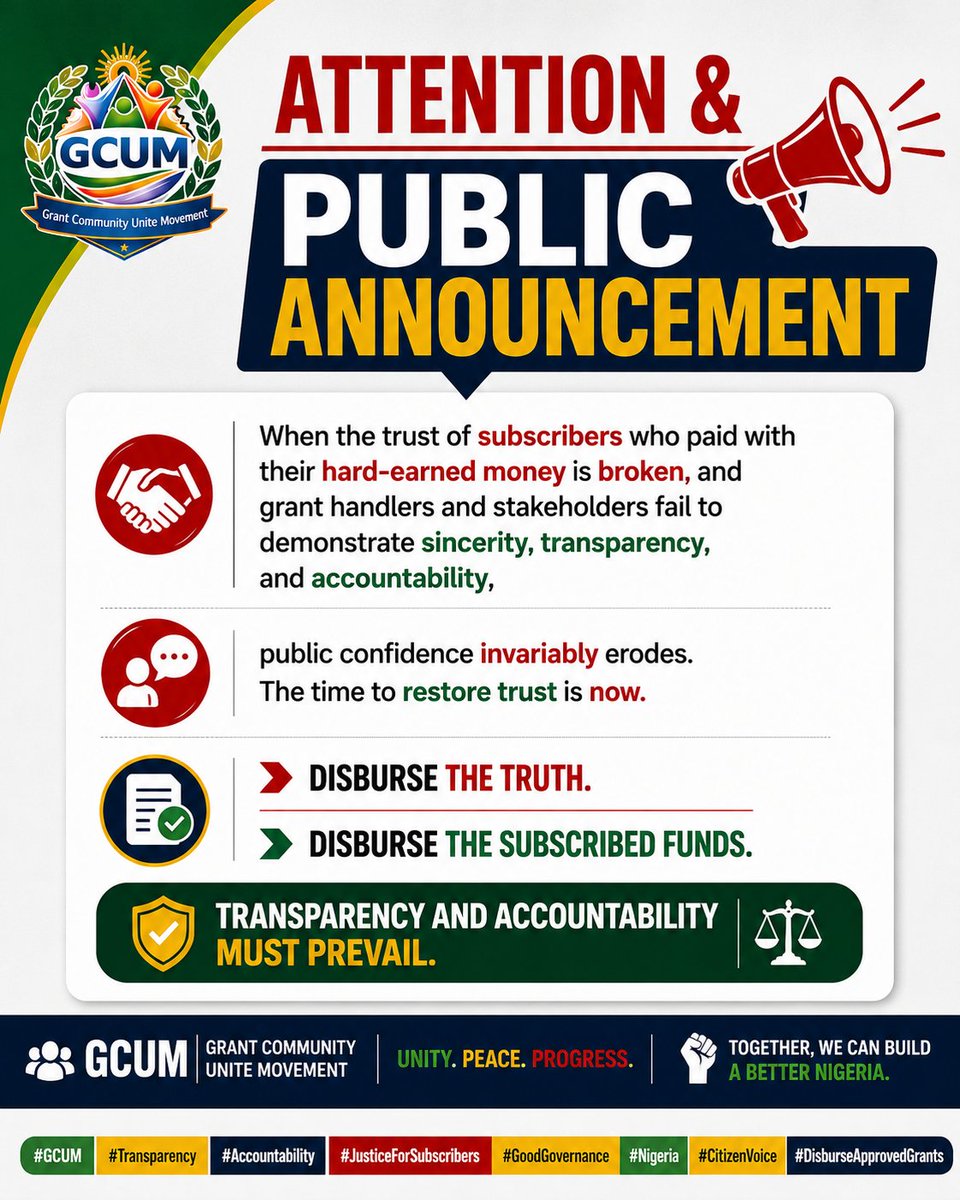 GrantCommuUnite's tweet photo. Trust is difficult to earn but easy to lose. When subscribers who sacrificed their hard-earned money are met with delays instead of clear answers, confidence turns to frustration. Disburse the truth. Disburse the subscribed funds. Transparency and accountability must prevail. #GCUM #Transparency #Accountability #JusticeForSubscribers #GoodGovernance #Nigeria #CitizenVoice #DisburseApprovedGrants