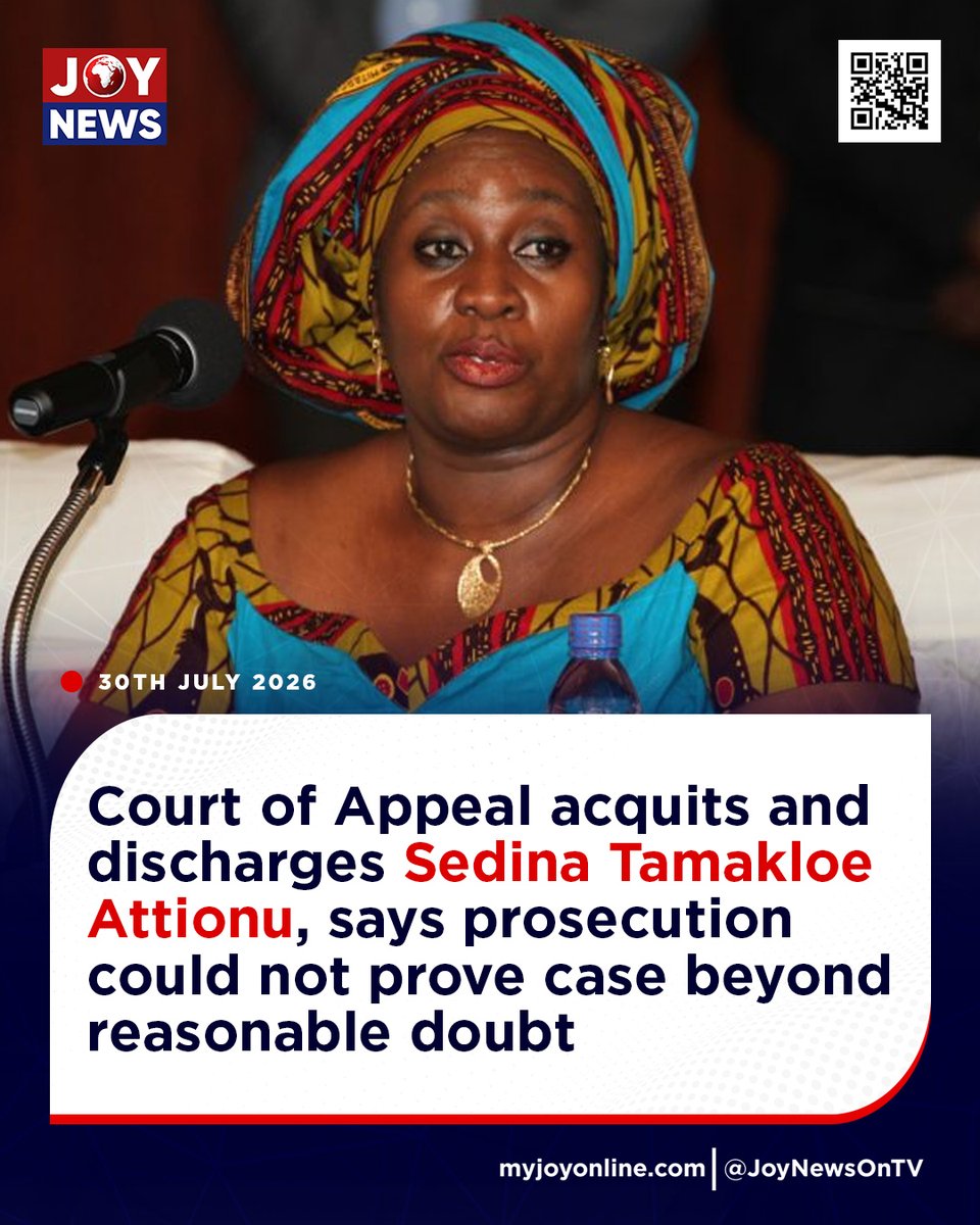 JoyNewsOnTV's tweet photo. Court of Appeal acquits and discharges Sedina Tamakloe Attionu, says prosecution could not prove case beyond reasonable doubt

#JoyNews #JoyFM #GhanaNews #JoyPrime #MyJoyOnline  #Sedina https://t.co/aRDw6bsilk