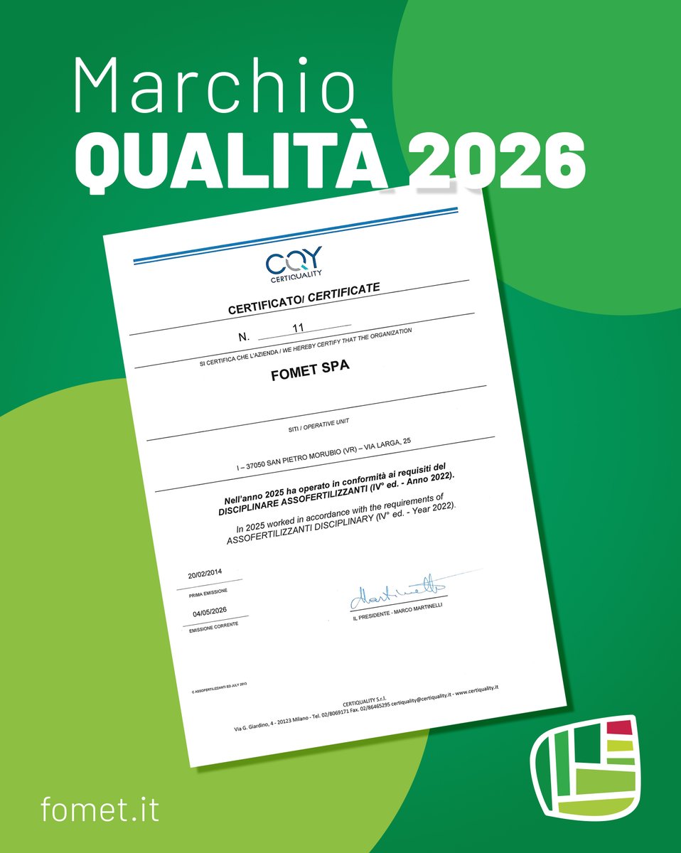 fometfert's tweet photo. 🌿 FOMET OTTIENE IL MARCHIO QUALITÀ 2026

Anche per il 2026, Fomet SpA ottiene il Marchio Qualità promosso da Assofertilizzanti, in collaborazione con ICQRF: un riconoscimento che conferma il nostro impegno per qualità, sicurezza e affidabilità.

#fomet #fertilizzanti #qualità https://t.co/6drgXsdL2b