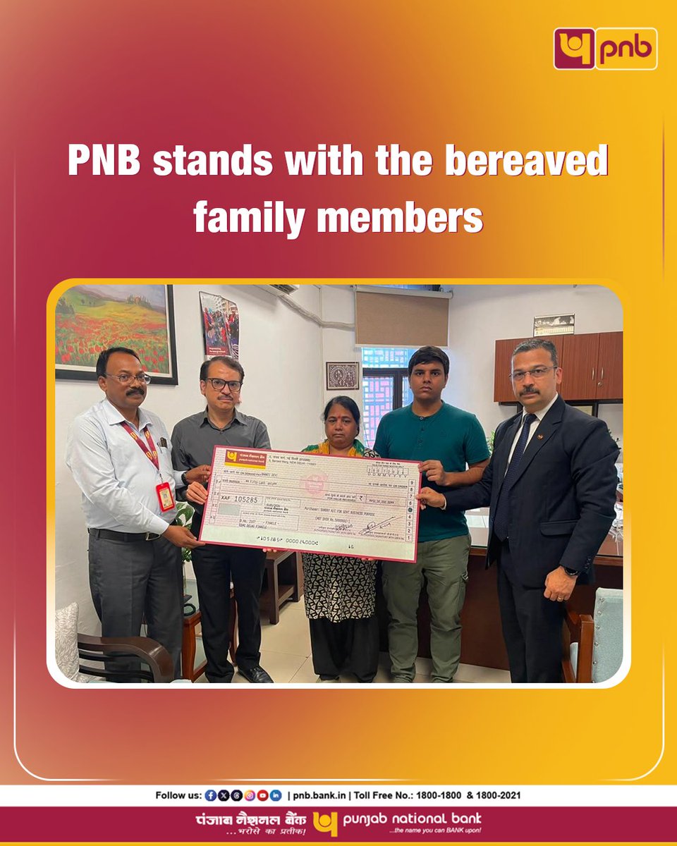 pnbindia's tweet photo. A cheque of Rs.50 lakhs was handed over to Smt. Shanti Devi wife of Late Shri Nag Narayan Mahto, Ex-Employee, Election Commission of India. The deceased had a Salary Account with the bank.

The cheque was presented by Shri Rahul Sharma, Principal Secretary, Election Commission of India, in the presence of bank officials, namely Shri Alok Jain, Circle Head (South Delhi), Shri Amar Sinha, AGM, BO Sansad Marg and Shri Dayalu Beg, Chief Manager.

At Punjab National Bank, Salary Saving Schemes are not mere the banking solutions, rather a commitment to protection, trust and unwavering support for our customers and their families.

#PNB #BankingWithTrust #PNBCares #Banking #SalaryAccount