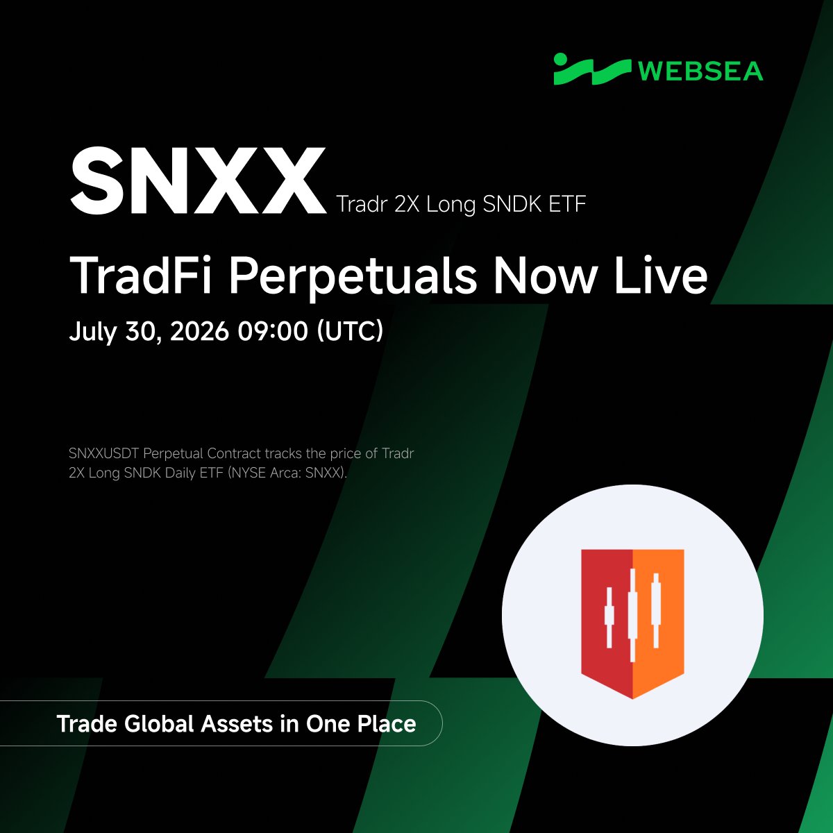 webseaofficial's tweet photo. TradFi Perpetual Listing | $SNXX
A top global asset, now open for perpetual trading

⏰ Listing time: July 30, 2026, 09:00 (UTC)

Websea TradFi perpetuals bring premium traditional-market assets on-chain. Go long or short with flexible leverage — capture global market moves in any direction.

Global assets, one platform.
Trade: https://t.co/Cm60LBy2eo
Details: https://t.co/02glehJjfD