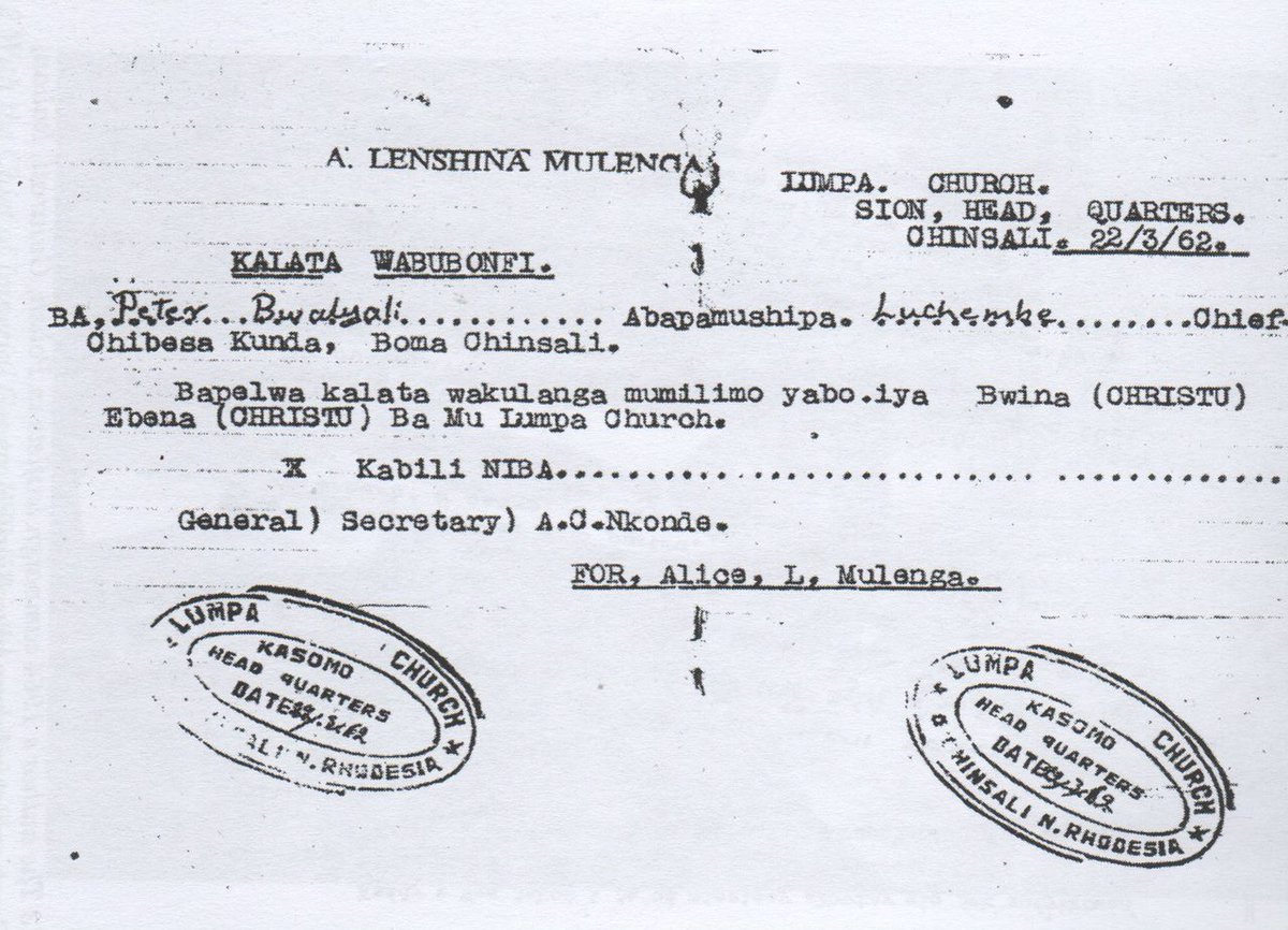 SentimentalCook's tweet photo. She was Alice Regina Mulenga Lubusha, but Bembas pronounced Regina as "Lenshina". In 1953, Lenshina went to see Rev. Fergus Macpherson who was a Church of Scotland missionary stationed at Lubwa.

She told Rev. Macpherson that she had risen from the dead, not once..but four times. At her last rising, she said, she met Jesus at a river and Jesus told "his people" to send her back because her time hadn't come yet.

Jesus then commanded Lenshina to start a church for "Africans". Unfortunately, many villagers fell for this and this was the beginning of Lenshina's cult. Lumpa cult members were given "passports to heaven" and told that if they died for Lenshina's cause, they would go straight to heaven.

Lumpa cult members wiped out entire villages. In Lundazi, when they arrived at the Boma, they slaughtered all the Indian shop owners and then killed everyone at a village called Mbambo. The mass grave is still there today.

My mother, who is still alive today was a teenager when their village was attacked. She described what she saw as they were running away. Ahead of the Lumpa attackers was a woman completely naked shouting "Jerico, Jerico, Jerico". The few men who tried to defend the village were overwhelmed by the mass of the attackers. No one was spared, babies hacked into pieces.

It really upsets me when I see some sections of our society painting Lenshina as some sort of victim. She was a leader of a murderous cult.