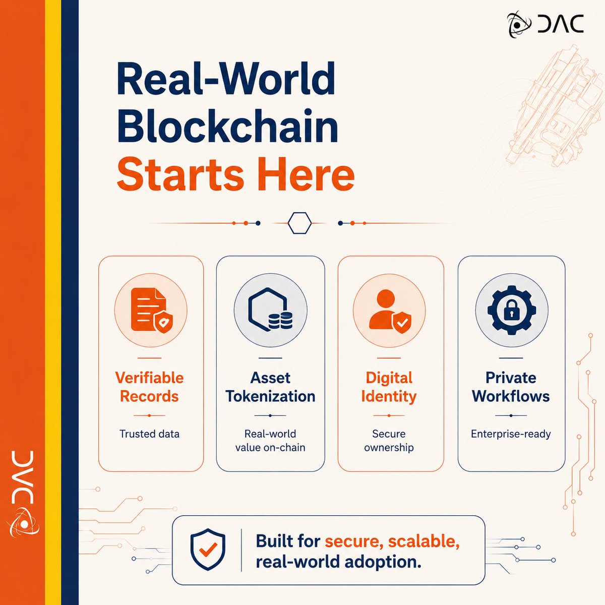 thekuper2152's tweet photo. Blockchain adoption only becomes meaningful when it solves real problems beyond the crypto ecosystem.

That's why I find DAC's approach interesting. Instead of focusing only on speed or hype, @dac_chain is building infrastructure for practical, real-world applications. From verifiable records and asset tokenization to digital identity, workflow automation, and private enterprise systems, the goal is to make blockchain useful where trust, transparency, and security matter most.

Long-term adoption also depends on long-term protection. As technology evolves and new security challenges emerge, future-proof infrastructure becomes essential. Security shouldn't be an upgrade added later, it should be part of the foundation from the very beginning.

By combining practical utility with a security-first architecture, DAC is creating an ecosystem designed to support businesses, developers, and institutions for years to come.

Real-world blockchain needs more than innovation. It needs reliability, scalability, and infrastructure built for the future.

@dac_chain