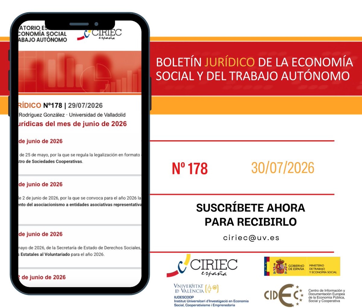 CIRIEC_Esp's tweet photo. Último núm del boletín Jurídico del Observatorio español de la #EconomíaSocial y del #TrabajoAutónomo del curso, el 178, con las novedades jurídicas del mes de junio de 2026, bajo la dirección de Amalia Rodríguez González, de la Univ. de Valladolid
🔗https://t.co/CNQDoE7pXE https://t.co/oClJD1Hgzj
