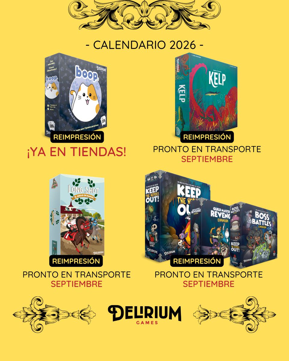 games_delirium's tweet photo. ¡Agosto incoming! ¡Pero antes de nada, os queremos dejar un timeline de nuestros juegos para 2026 y 2027 (reimpresiones y novedades)! 🗓️Importante 📻: Las fechas son aproximadas y pueden estar sujetas a cambios por factores como fábrica, transporte o aduana. ¡Muchas gracias! 👏 https://t.co/Yj2ovWReUz