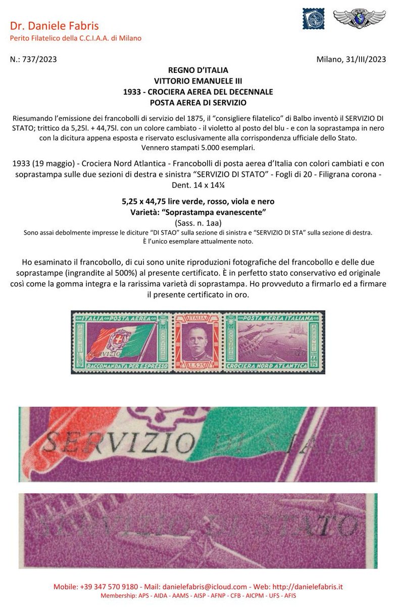 Fabrisperizie's tweet photo. #FABRIS PERIZIE FILATELICHE 161
https://t.co/EDfSDIuWpi
ITALIA REGNO 1933 #Crociera aerea #Decennale: #postaaerea #servizio varietà
#philately #filatelia #stamp #timbre #philatelie #francobollo #expertize #perizia #airmail #flight #varieta #variety #italy #italie #italien https://t.co/Y2X2Y4Ws1F