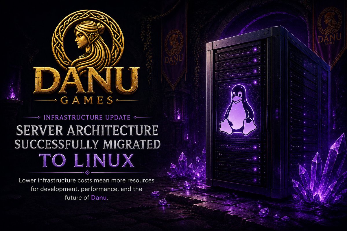 DanuGames's tweet photo. Behind the scenes, we've successfully migrated Danu's game server architecture to Linux.

Lower infrastructure costs mean we can invest more resources into development, game performance, and future content for our players. ⚔️💜 https://t.co/gFk7sRXBhW
