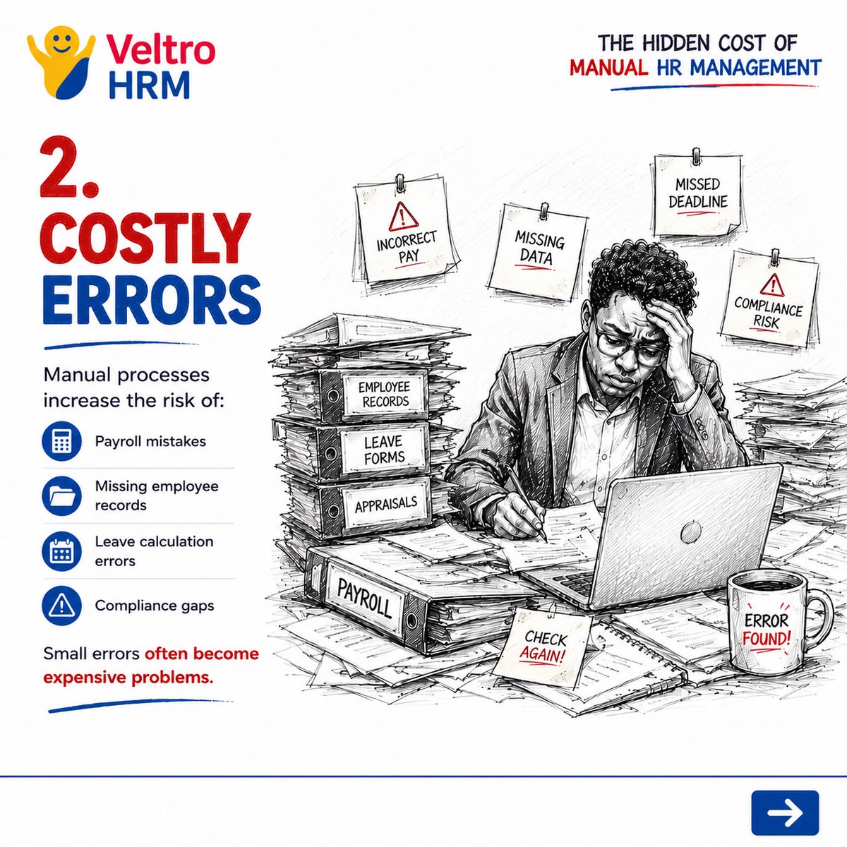 SolQeff's tweet photo. Most HR challenges don’t start with major mistakes. They start with small manual tasks that gradually become expensive problems.

#HR #HRTech #HumanResources #BusinessGrowth #WorkforceManagement #EmployeeExperience #Automation #VeltroHRM #SolQeff https://t.co/iMZKGOlUr7