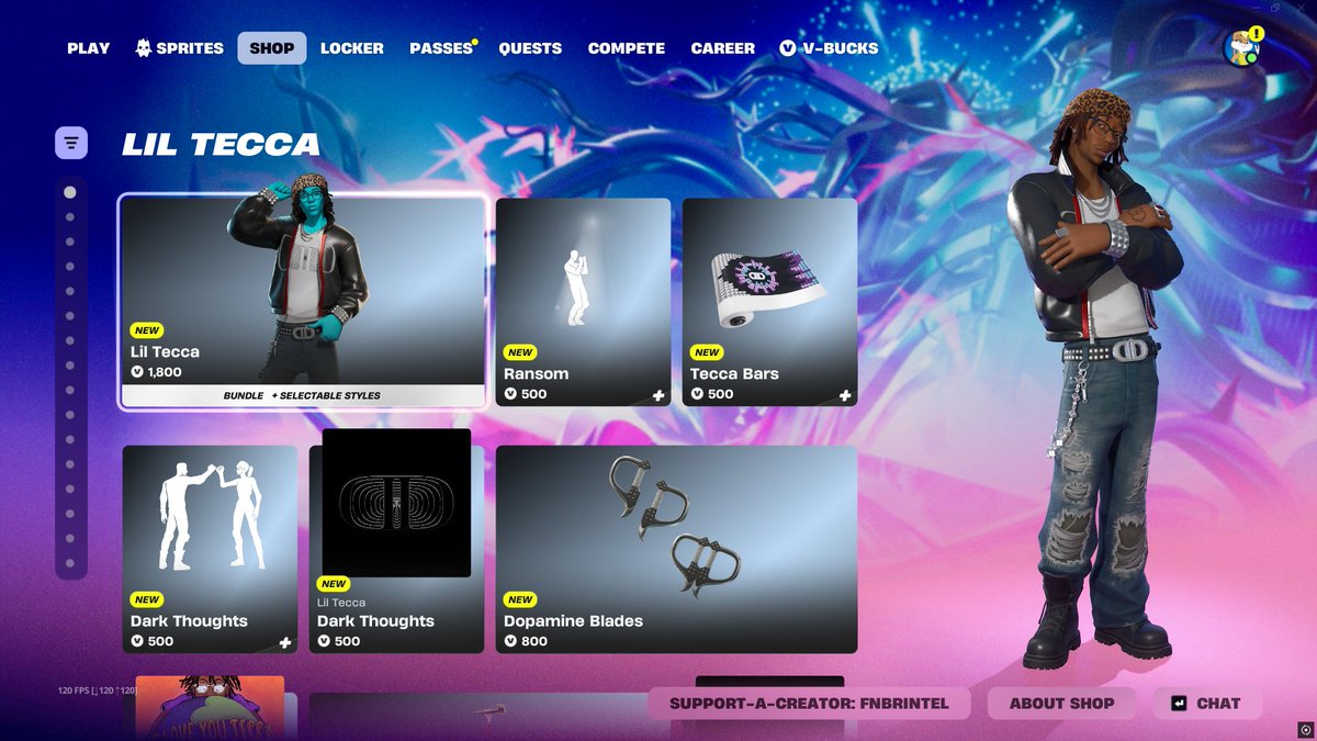 FNBRintel's tweet photo. Lil tecca X Fortnite out now! 🔥

Grab him here: https://t.co/jhFqaAGk1P

Use code "FNBRintel" to support me, thankyou 🫶#EpicPartner https://t.co/ZwARyLJhHS