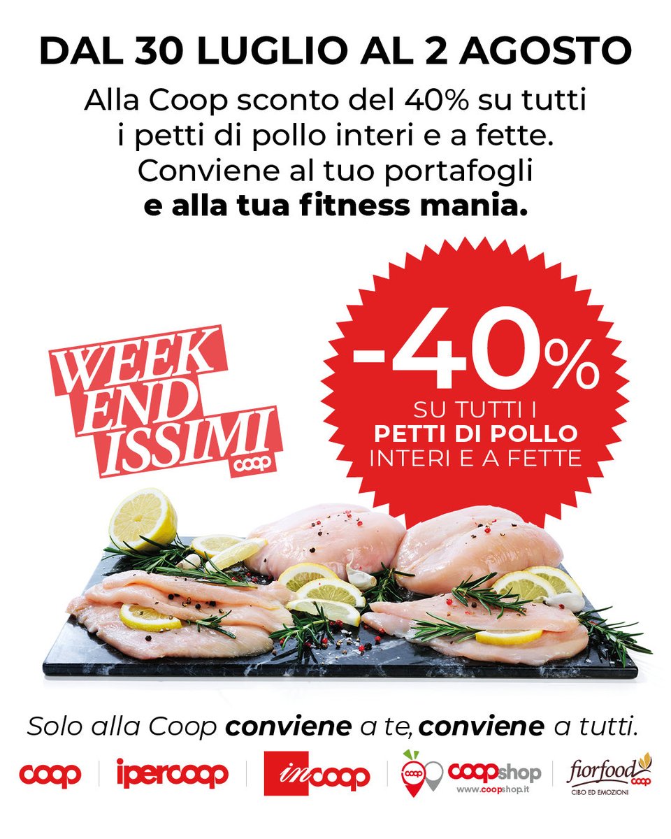 Nova_Coop's tweet photo. Fino al 2 agosto, approfitta della promo Weekendissimi! 🛒
Sconto del 40% su tutti i petti di pollo, solo da #NovaCoop!
👉 Ti aspettiamo in tutti i punti vendita: https://t.co/hdSCEWb7KJ https://t.co/JEfRqcnfqo