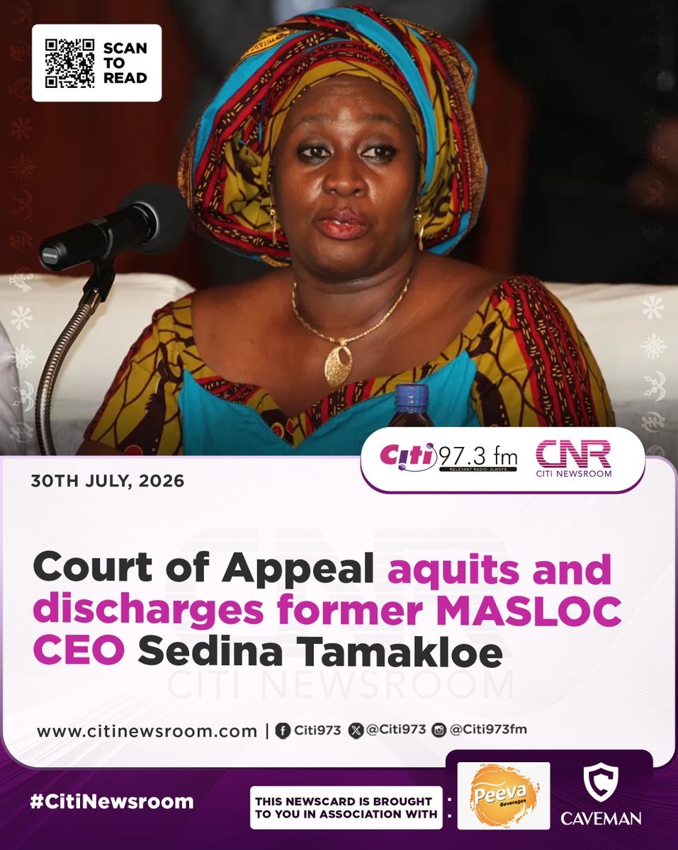 Citi973's tweet photo. 🚨 BREAKING! The Court of Appeal has acquitted and discharged former MASLOC CEO, Sedina Tamakloe Attionu.

Sedina, who was extradited to Ghana from the US in June, was tried in absentia and sentenced in April 2024 to 10 years in prison with hard labour on 78 counts, including stealing, conspiracy, money laundering, and causing financial loss to the state.  

#MASLOC #SedinaTamakloe #GhanaNews #CitiFM #ChannelOneTV