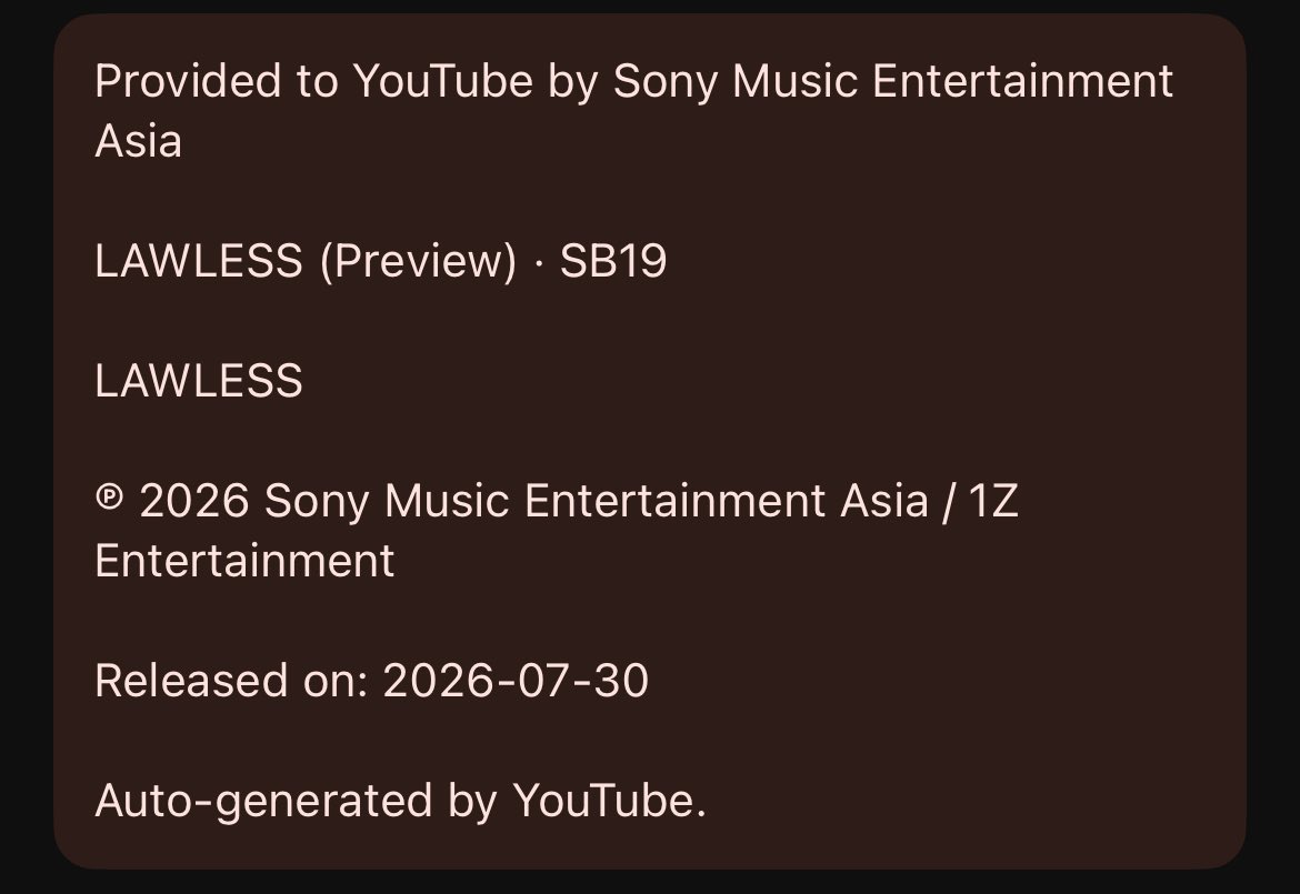 SBretmanStone's tweet photo. LOOK: “LAWLESS” by SB19 becomes their first release to be credited under Sony Music Entertainment Asia. 

More than just a domestic Philippine release, the single is being positioned for a wider regional audience across Asia, signaling an expanded international push for the group.

SB19 LIVE AT LOLLAPALOOZA 2026
@SB19Official #SB19