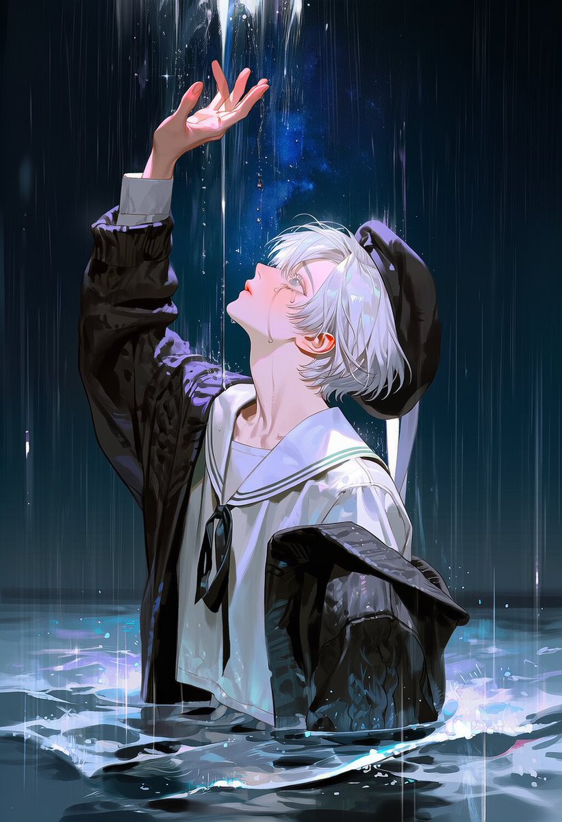 Unique_Sing's tweet photo. 💧🌌🌊

solo, 2::side view,:: waist up, wide shot, (half-submerged in water:1.9), (water level at waist:1.8), (reaching up:1.6), looking up,
wet clothes, soaked fabric, water ripples, reflective water surface, dark starry sky, 2::(galaxy background:1.4)::, (countless floating water droplets:1.8), (rain of glowing water drops:1.7), sparkling droplets, mist, soft reflections, cinematic lighting,
(tears streaming down face:1.8), crying, watery eyes, sorrowful expression, tear trails, emotional atmosphere, 2::wet::, raining background,