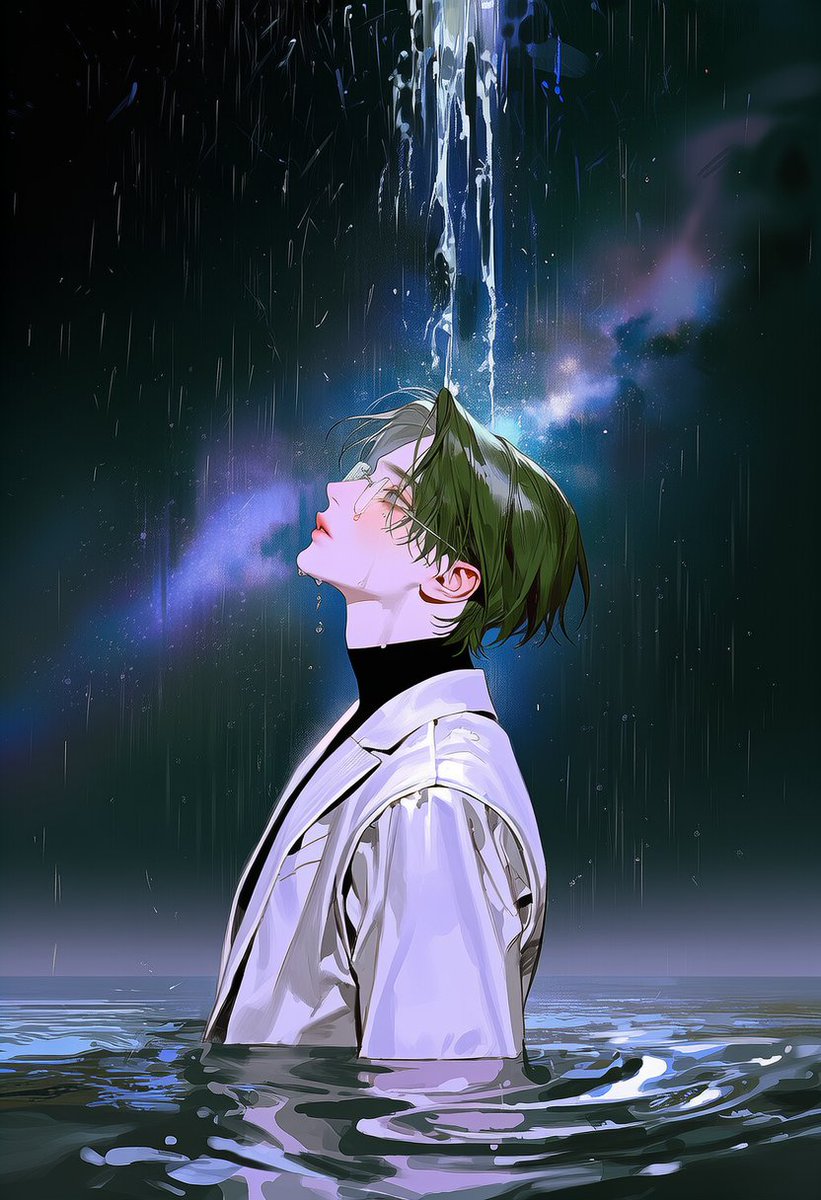Unique_Sing's tweet photo. 💧🌌🌊

solo, 2::side view,:: waist up, wide shot, (half-submerged in water:1.9), (water level at waist:1.8), (reaching up:1.6), looking up,
wet clothes, soaked fabric, water ripples, reflective water surface, dark starry sky, 2::(galaxy background:1.4)::, (countless floating water droplets:1.8), (rain of glowing water drops:1.7), sparkling droplets, mist, soft reflections, cinematic lighting,
(tears streaming down face:1.8), crying, watery eyes, sorrowful expression, tear trails, emotional atmosphere, 2::wet::, raining background,