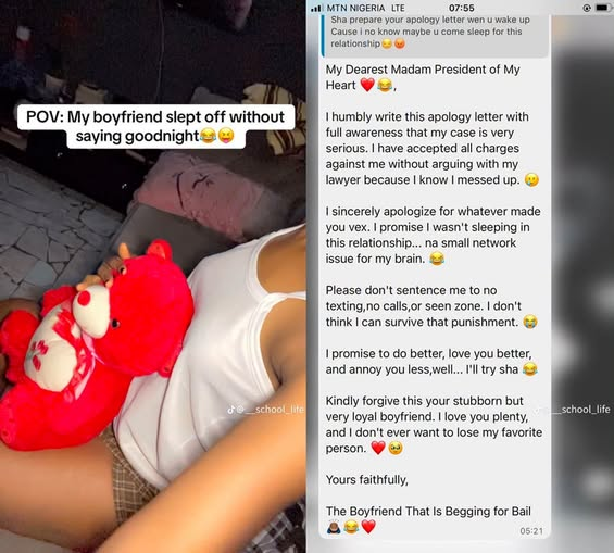 yabaleftonline's tweet photo. Lady shares her boyfriend's apology message after he slept off without saying goodnight. https://t.co/JvxsQQUe2h