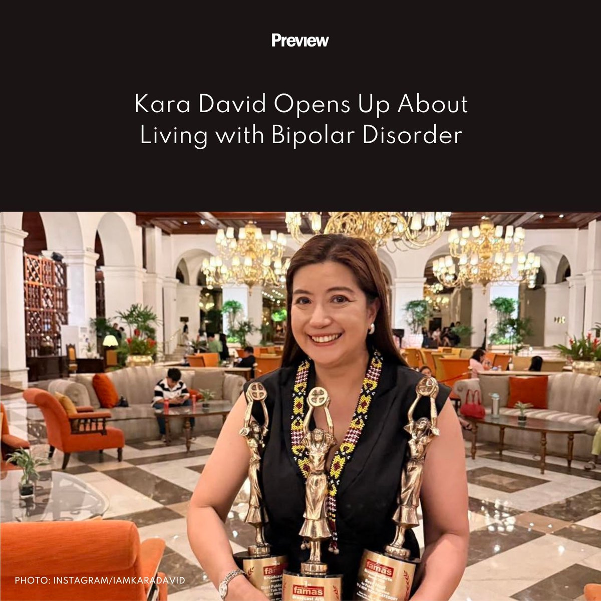 previewph's tweet photo. In the latest episode of Fast Talk with Boy Abunda, #KaraDavid candidly discussed living with bipolar disorder. Read more: https://t.co/ZzbBLd5WGc https://t.co/xGZ3tR8ltT