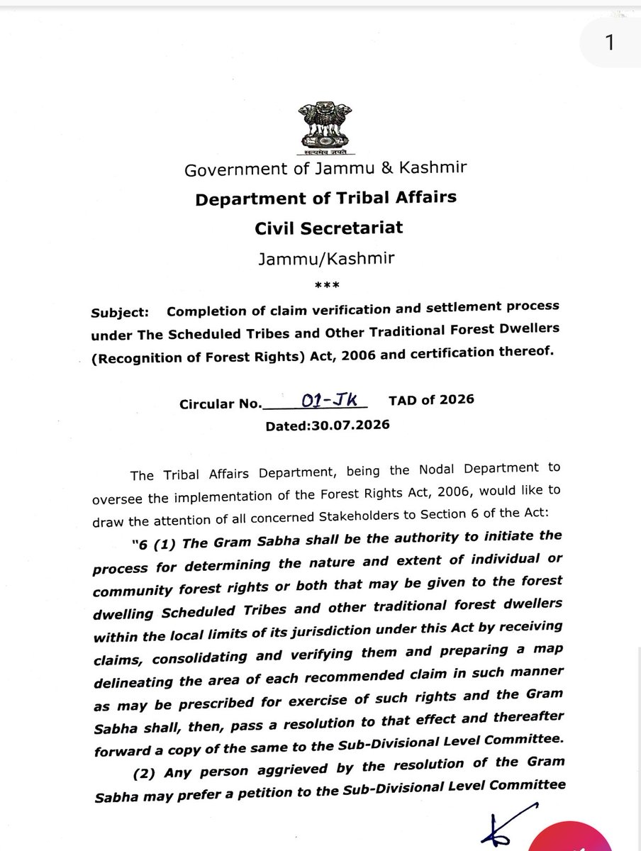JKNC_'s tweet photo. Hon'ble CM @OmarAbdullah led Government Takes A Historic Step. Issues Clear, Decisive Executive Guidelines To Protect Tribals From Displacement. 

The Department of Tribal Affairs, under the leadership of Hon'ble Cabinet Minister @JavedRanaa has issued a landmark circular directing the completion of the claim verification and settlement process under the Forest Rights Act and reiterating the legal safeguards available to tribal communities.