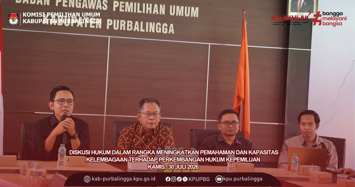 KPUPBG's tweet photo. #Temanpemilih, Dalam rangka meningkatkan pemahaman dan kapasitas kelembagaan terhadap perkembangan hukum kepemiluan, Bawaslu Kabupaten Purbalingga menyelenggarakan kegiatan Diskusi Hukum pada Kamis (30/7/2026) bertempat di Kantor Bawaslu  Purbalingga. https://t.co/0KxN5npBTe