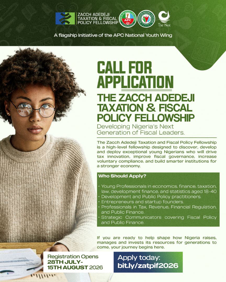 Alexcassy's tweet photo. The Zacch Adedeji Taxation and Fiscal policy through world class learning, technology and practical problem solving, Fellows will develop innovative solutions that expand revenue mobilisation, accelerate digital transformation, deepen voluntary tax compliance and shape the future of fiscal governance across Nigeria.

Applications are now open. Join the generation building Nigeria’s fiscal future.
https://t.co/wKdOqpypsV
Applications close August 15, 2026.