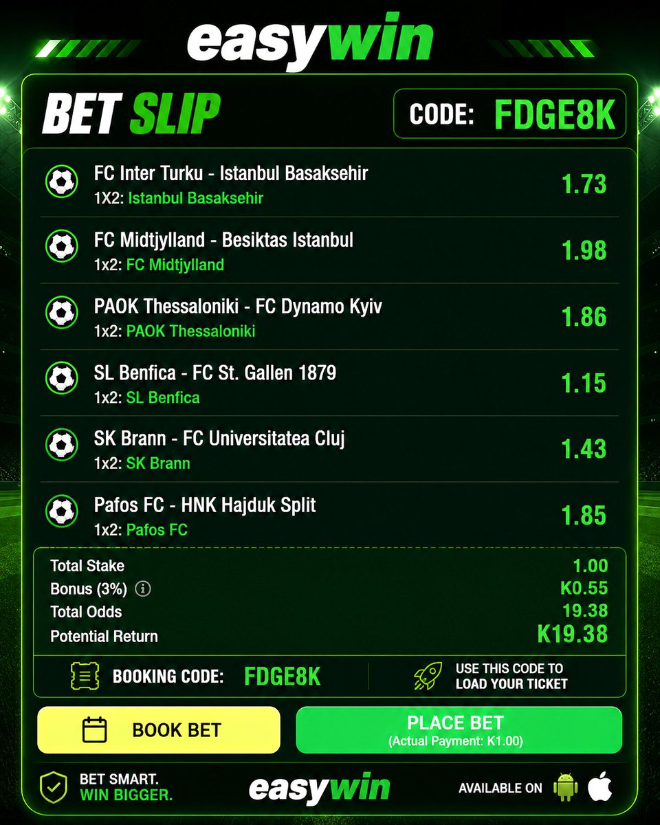 Easywin227835's tweet photo. 🔥 TODAY'S TOP PICKS 🔥

🎯 Total Odds: 19.38

🎟️ Booking Code: FDGE8K

Use the website to place your bet right now! ⚽💚 https://t.co/BgXkNkqGWv