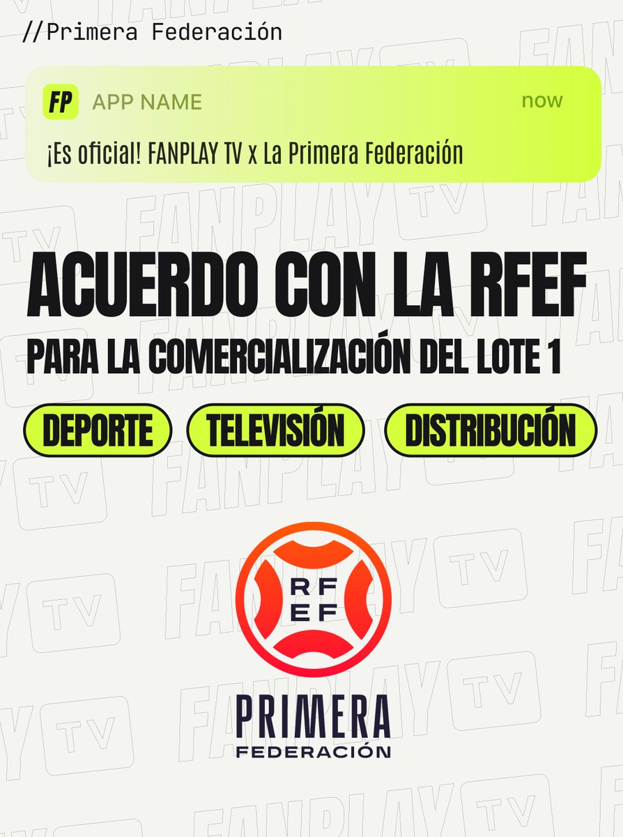 fanplaytves's tweet photo. 🚀 ¡Ya es oficial!

FanPlay TV ha alcanzado un acuerdo con la @rfef para comercializar el Lote 1 de la Primera Federación.

Un nuevo modelo que une deporte, televisión y distribución a través de operadores.

Esto es solo el comienzo.

#FanPlayTV #PrimeraFederación https://t.co/NlQXmz3gfW