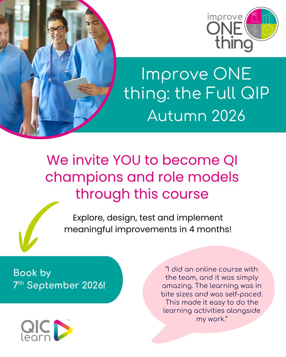 QIClearn's tweet photo. Join our Improve ONE Thing: the Full QIP Open course Autumn 2026 - an innovative 4-month QI course designed for busy healthcare professionals across all specialties.

👉 Sign up now: https://t.co/dcDFucY6OS

#QualityImprovement https://t.co/viTSrSJed6