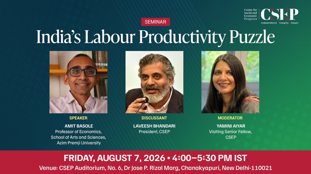 CSEP_Org's tweet photo. Why has India's labour productivity slowed despite strong economic growth? Join CSEP for a discussion on the structural forces shaping productivity, employment, competitiveness &amp; long-term growth. Learn more: https://t.co/DKxnVz6Qv9 #IndianGovt https://t.co/dhfWTNR9Xd