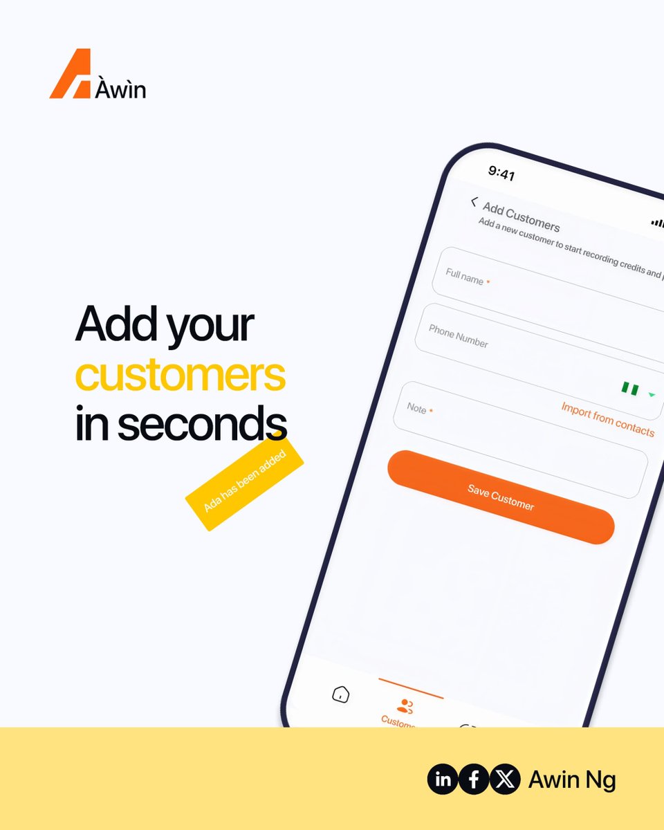 AwinNG26's tweet photo. Everything you need to manage customer credit.

• Add Customers
• Record Credit Sales
• Track Outstanding Debts
• Record Payments
• Send Payment Reminders
• View Reports 

One app.
Every credit sale.

#RecordEveryNaira #SmallBusinessTips  #ByeByeNotebook #AWIN #ComingSoon https://t.co/Ef4aefJN2J