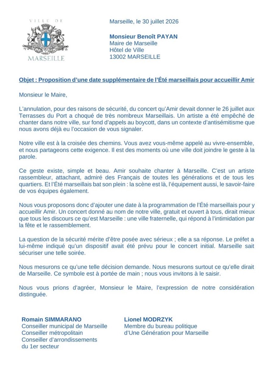 GenerationMRS's tweet photo. Marseille, ville fraternelle : à nous de faire vivre cet ADN !

Nous proposons au maire de Marseille de programmer un concert du chanteur Amir, après l’annulation de juillet.

Le courrier de @RomainSimmarano et Lionel Modrzyk ⤵️ https://t.co/VRZYPMtUBU