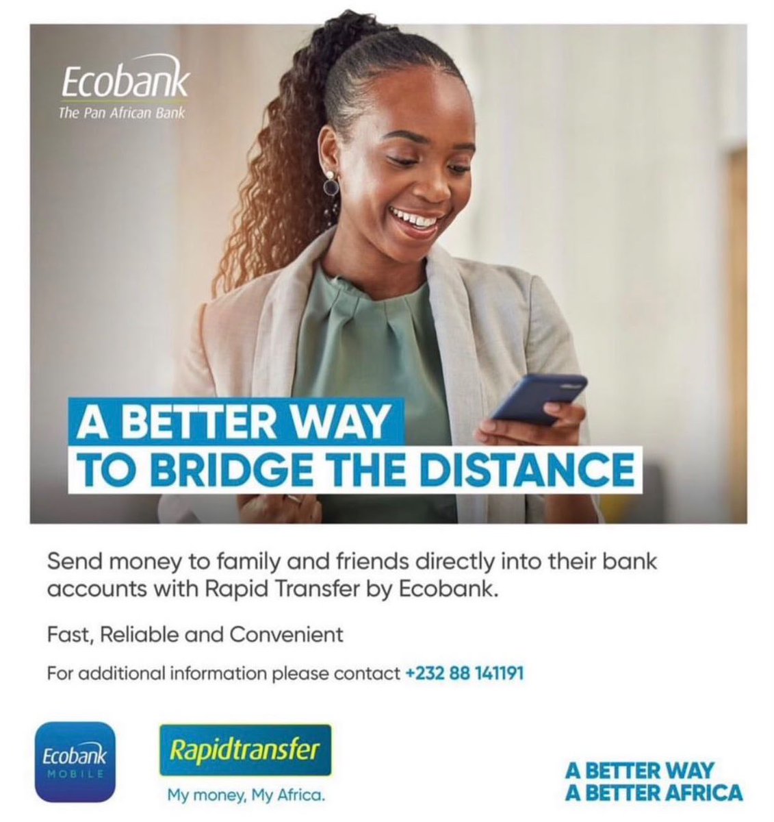TruthmediaSL's tweet photo. Distance should never stand in the way of caring for the people who matter most.
With Rapidtransfer, sending money to family and friends is fast, secure, and reliable—right into their bank accounts.
#Ecobank #Rapidtransfer #BridgeTheDistance #SendMoneyWithEase #PanAfricanBank https://t.co/YpBvqVoCly