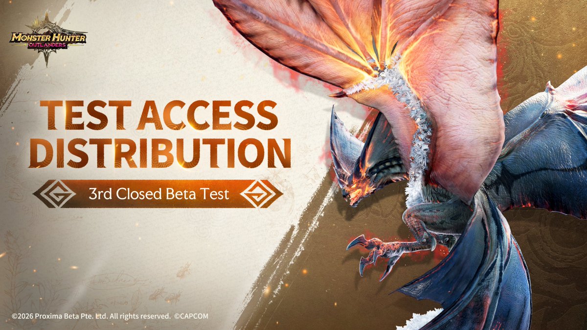 MHO_English's tweet photo. Monster Hunter Outlanders
3rd Closed Beta Test — Acceptance emails are being sent out now 📩

Starting today, we are sending acceptance emails to selected participants on a rolling basis.

* Emails may be filtered into your spam or junk folder, so please check those folders as well.
* A dedicated download link for the test will be sent to the same email address at a later date.
* Please note that notifications are being sent to selected participants only.

🗓 Test Start: August 7 (Fri) at 02:00 (UTC+0)
🗺 Test Servers: North America, Japan, Europe, Southeast Asia
* Data on each server is independent and not cross-compatible.
📱 Platform: iOS / Android

For more details, visit the official website or official Discord server:
▶ Official Website: https://t.co/fXT42QL9dZ
▶ Official Discord server: https://t.co/7KOD6jyZ2y

Please contact our official support team if you have any questions:
support_mho@proximabeta.com

#MHOutlanders #MHO #MonsterHunterOutlanders