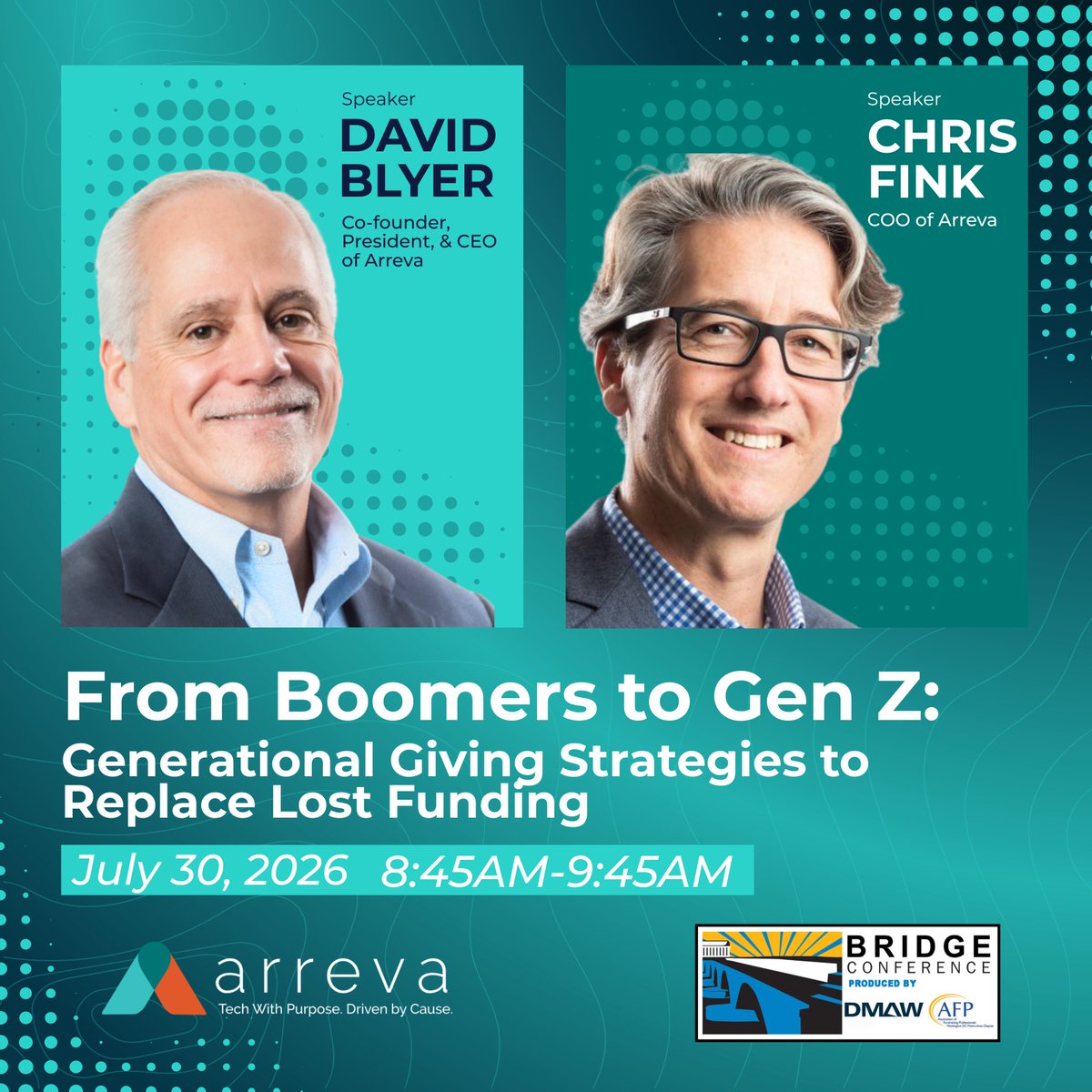 ARREVA's tweet photo. LIVE at Bridge Conference Today: join Arreva's David Blyer and Chris Fink at Bridge Conference from 8:45AM-9:45AM in Maryland 3-4 for "From Boomers to Gen Z: Generational Giving Strategies to Replace Lost Funding". See you there!
 #BridgeConference #BridgeConf2026 #Fundraising https://t.co/QXcWjBbk8W