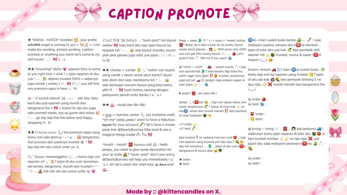 kittencandles's tweet photo. ⭑ PROMO WORDING! 𑁯 ⊹ 🥛🍧
🍮🗯️ help repost teman teman!

hollaa 🌵💖! [ LAST MONTH PROMO ] 🍡 hari ini shadira ada promo wording 30% off untuk semua katalog 🎀🐰 no minimum order yah <3 🥢 yuk jajan sekarang 🫙 akan aku close jika menurutku slot sudah cukup 🧁💗

t. #bealanja https://t.co/09sEZBcjiq