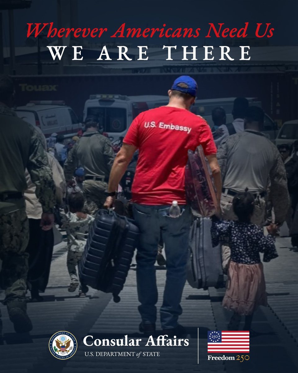 USinNigeria's tweet photo. Consular officers don't just work behind a desk. They show up – at airports, in evacuation zones, in the middle of crises – to help Americans get to safety. When disaster strikes or emergencies unfold, our global network of consular professionals is ready to move. For 250 years, that's been a core part of our mission. It still is. #Freedom250
