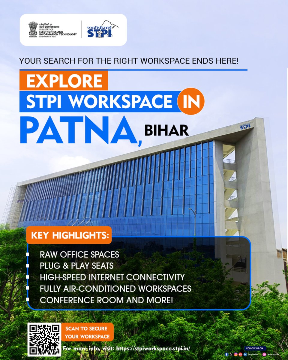 stpiindia's tweet photo. Looking for a workspace that lets you focus on what matters most- building your business?

Discover STPI Workspace in Patna, designed to provide startups, entrepreneurs, and growing businesses with the infrastructure they need to work smarter and scale faster. 🏢✨

What you'll get:
✔️ Raw office spaces
✔️ Plug & play seats
✔️ High-speed internet connectivity
✔️ Fully air-conditioned workspaces
✔️ 24×7 security
✔️ Conference room access and much more!

Whether you're setting up a new office or expanding your operations, find the right environment to collaborate, innovate, and grow.

Limited workspaces available in Patna!

➡️ Apply now: https://t.co/Lma8FwNd0l

#STPI #Patna #Workspaces #StartupIndia #OfficeSpace #Innovation #BusinessGrowth #ProfessionalSpaces #Incubation #BiharStartups

@GoI_MeitY @AshwiniVaishnaw @JitinPrasada @SecretaryMEITY @arvindtw @_DigitalIndia @NeGD_GoI @startupindia @myHQSpace @coworkerglobal @WeWorkIndia @ASSOCHAM4India @DPIITGoI @officecmbihar  @dm_patna @IPRDBihar @IndustriesBihar @AIMtoInnovate @ficci_india @FollowCII